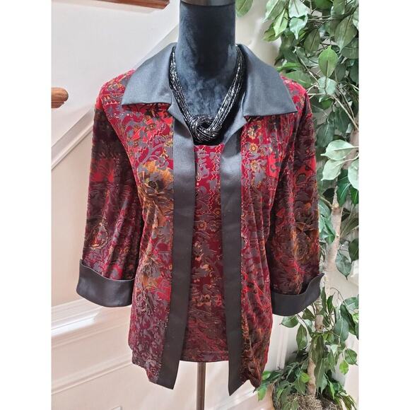 R&M Richards Women Burgundy Floral Polyester Collared Long Sleeve Shirt Size 18 - Picture 2 of 11